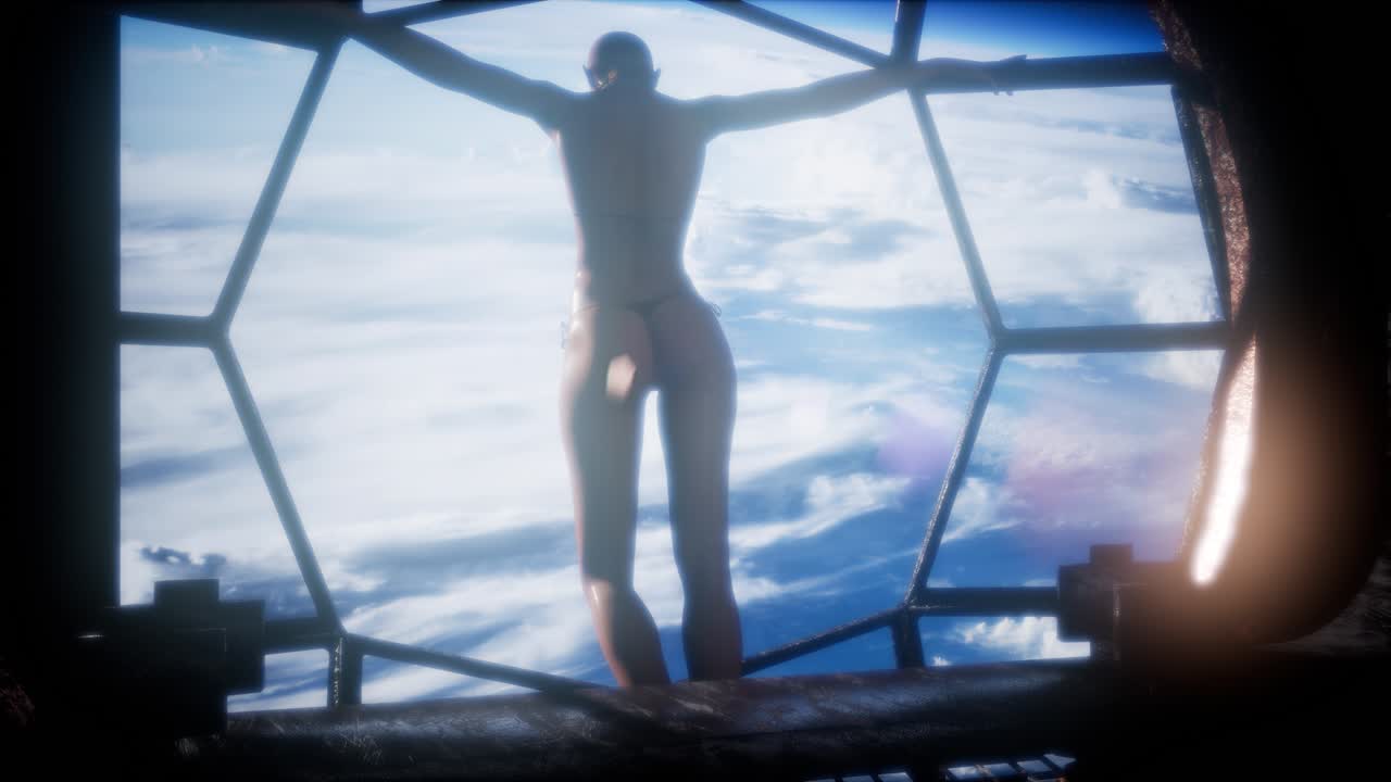 mujer observando la tierra desde las ventanas de la estación espacial tierra azul y nubes