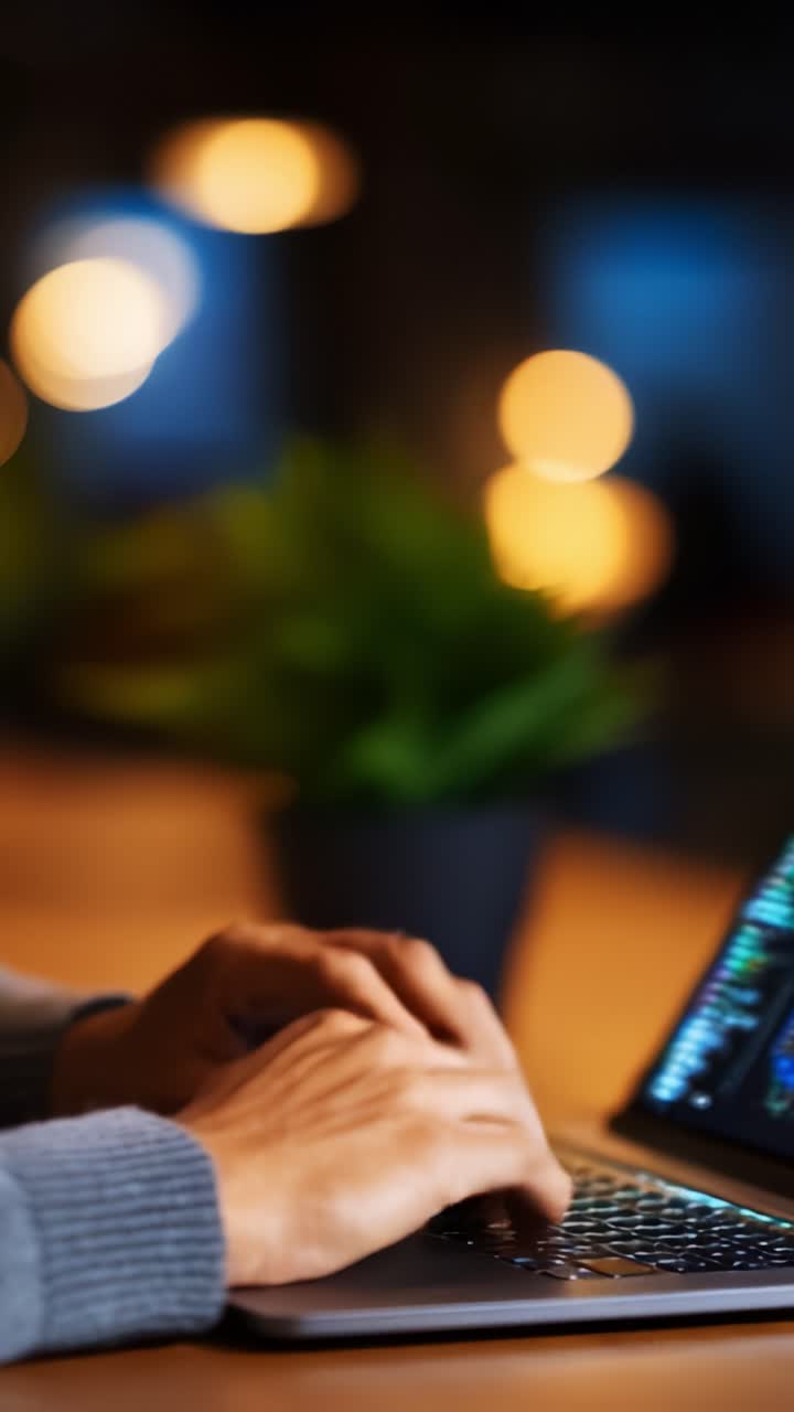 Focused hands typing on a laptop keyboard, illuminated by warm bokeh lights and surrounded by a green plant, creating a cozy and productive workspace atmosphere