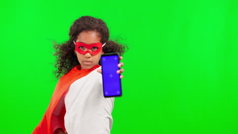 Superhero,-phone-and-mockup-with-a-girl-on-a-green