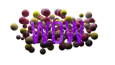 animation of wow text in purple letters over red and yellow balls on white background