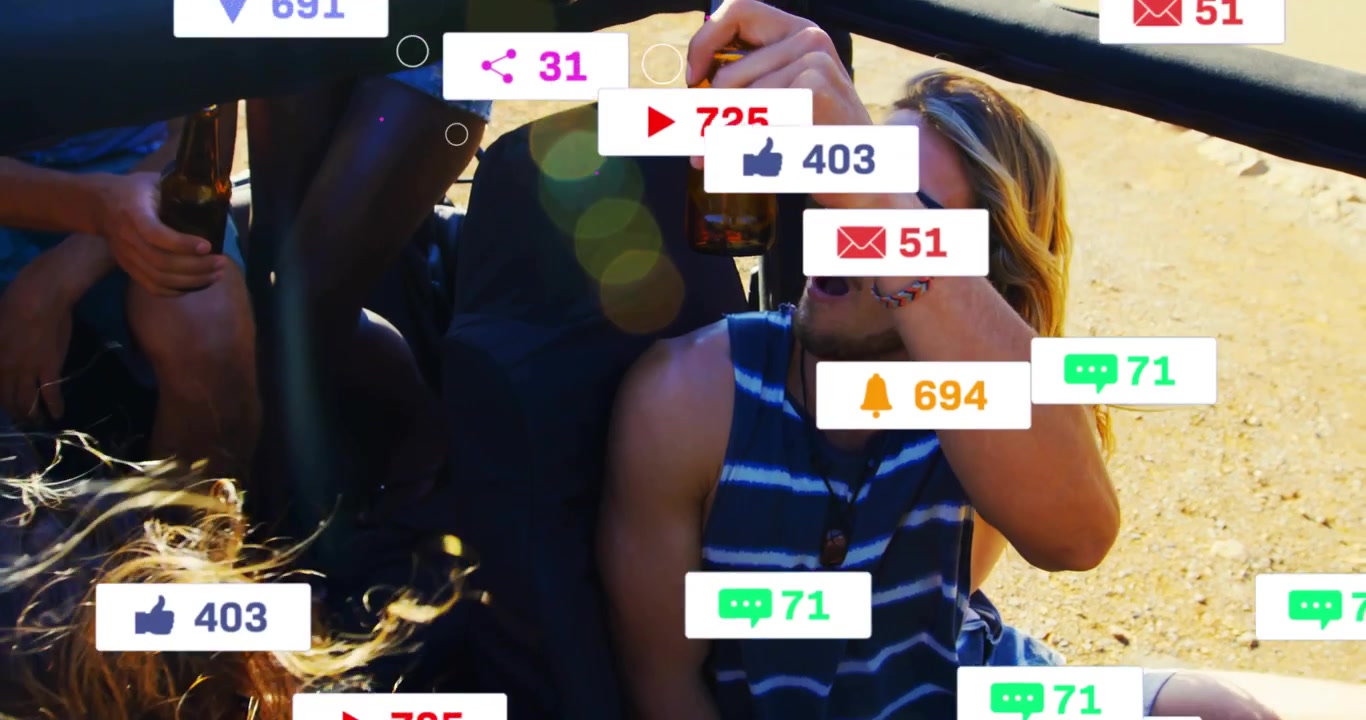 Vertical video: Toasting brown bottles, four friends in open-top car, dirt road, badges multiplying