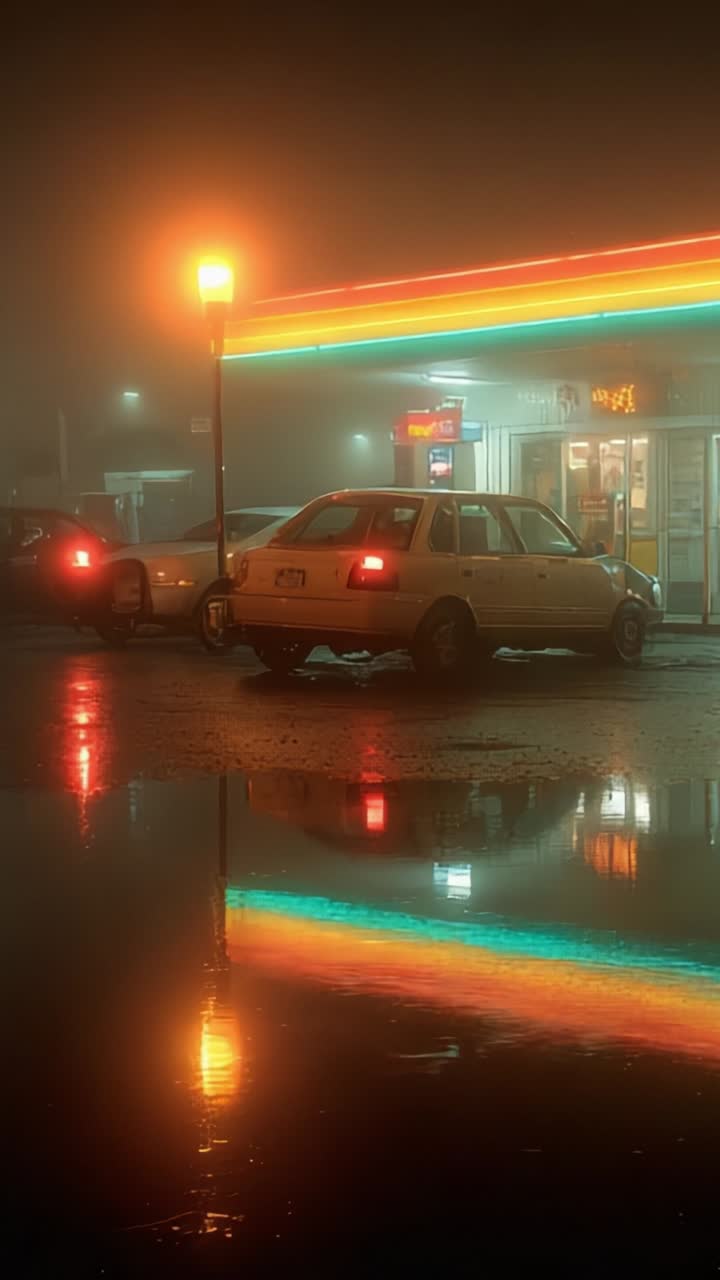 A Mysterious Night Scene Captured in Fog: A Vintage Car Parked Under Neon Lights Reflects in Puddles While Illuminating the Atmospheric Urban Landscape