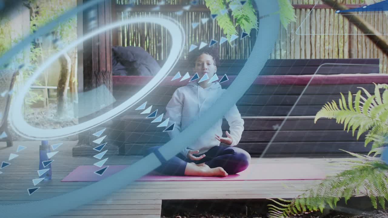 After pause woman doing yoga stretching into twist and fold with animated blue ring guiding breath