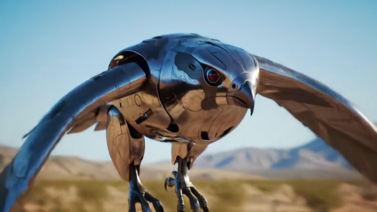 A sleek robotic bird soars gracefully over a vast desert during sunset. Its metallic wings catch the warm light, showcasing advanced design and technology in action amidst captivating scenery.