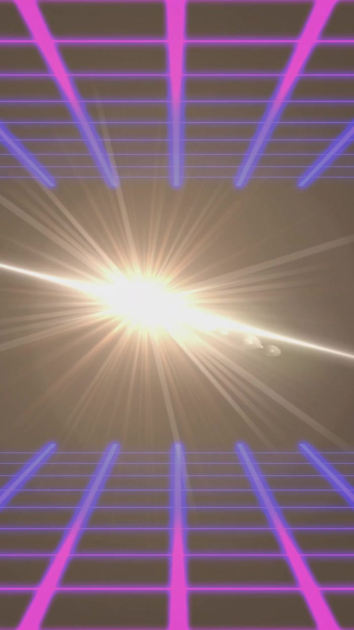 Vertical video: Neon grids lining void, angled streak entering lower-left, flaring to focus center