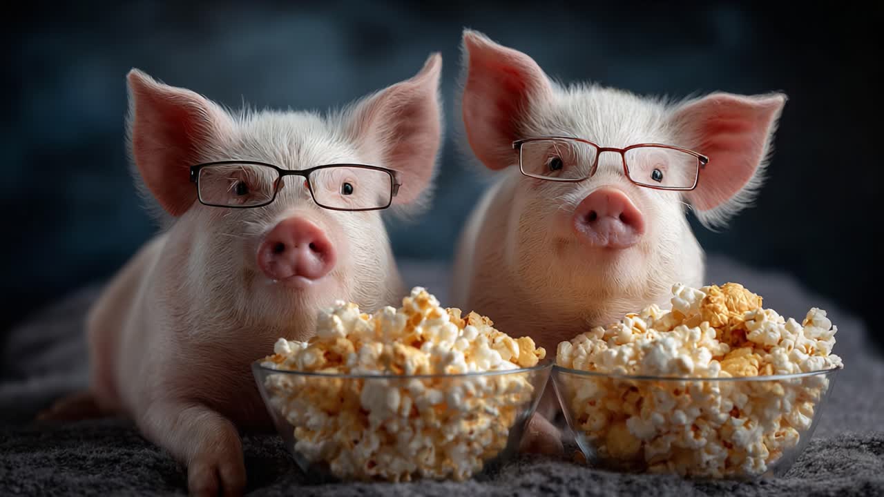 Two Adorable Pigs Wearing Glasses Enjoying Popcorn Together in a Fun and Whimsical Setting that Highlights Their Playful Personalities and Unique Expressions