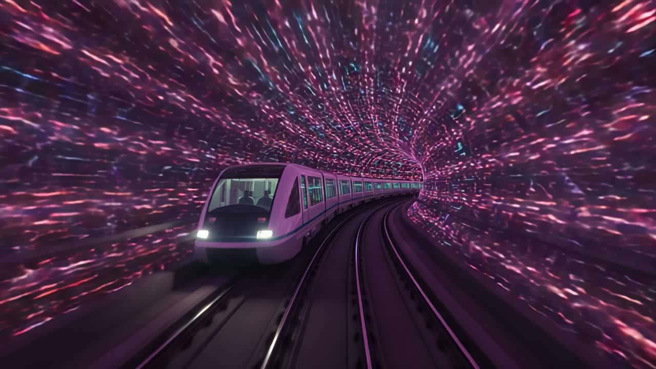 A futuristic train glides through a vibrant, swirling tunnel of light, showcasing the blend of technology and artistry in a surreal travel experience