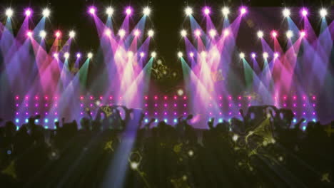 central stage being animated in flat design with moving spotlights, led panels, crowd silhouettes
