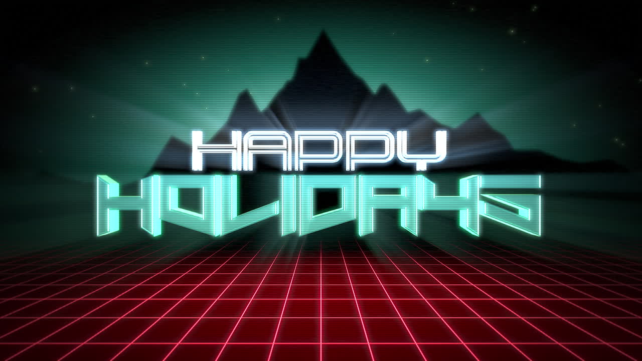 felices fiestas con montaña y rejilla roja retro en la noche al estilo de los años 80