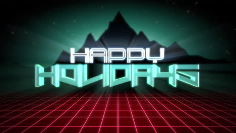 Happy-Holidays-with-mountain-and-retro-red-grid-in-night-in-80s-style