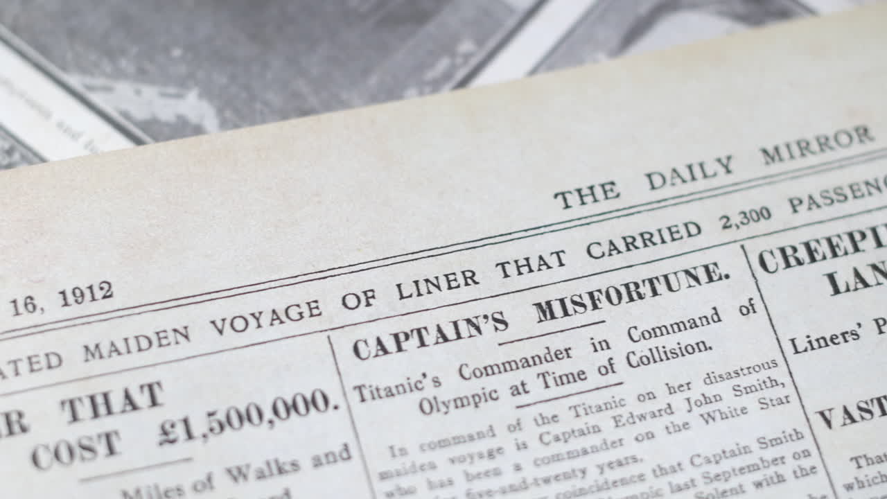 Newspaper reports after the sinking of the titanic ship in 1912 detailing the cost of the liner and the captain's misfortune