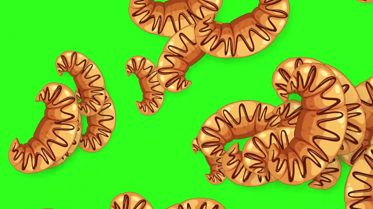 Croissant animati con glassa al cioccolato che cadono su schermo verde.