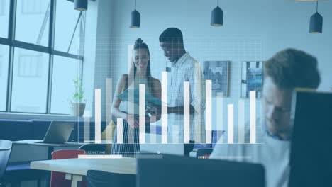 animation of data processing and diagrams over diverse colleagues discussing work