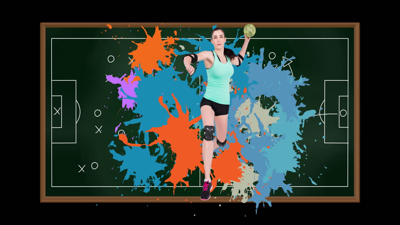 animación de una jugadora de balonmano caucásica sosteniendo la pelota sobre el dibujo del plan de juego