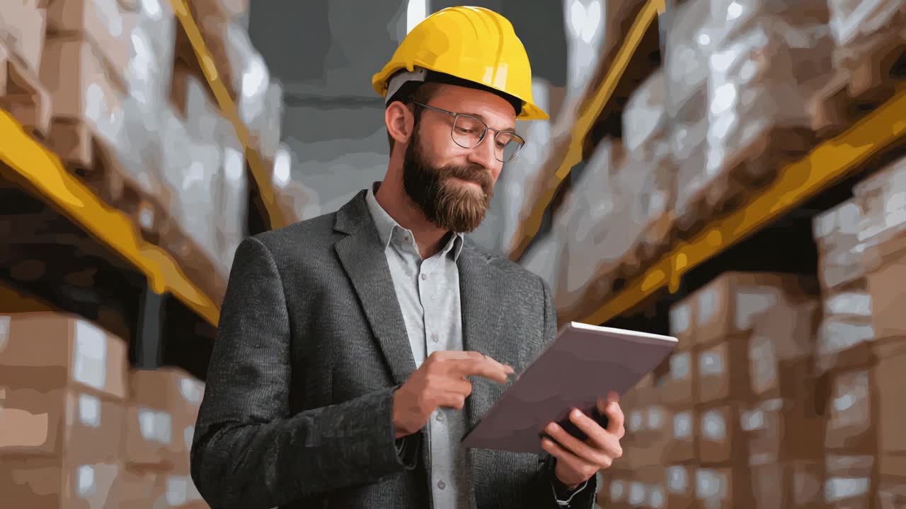 Un professionista del settore che lavora sodo in un magazzino, indossa un cappello giallo e un abbigliamento elegante e collabora in modo efficiente utilizzando un tablet per gestire l'inventario