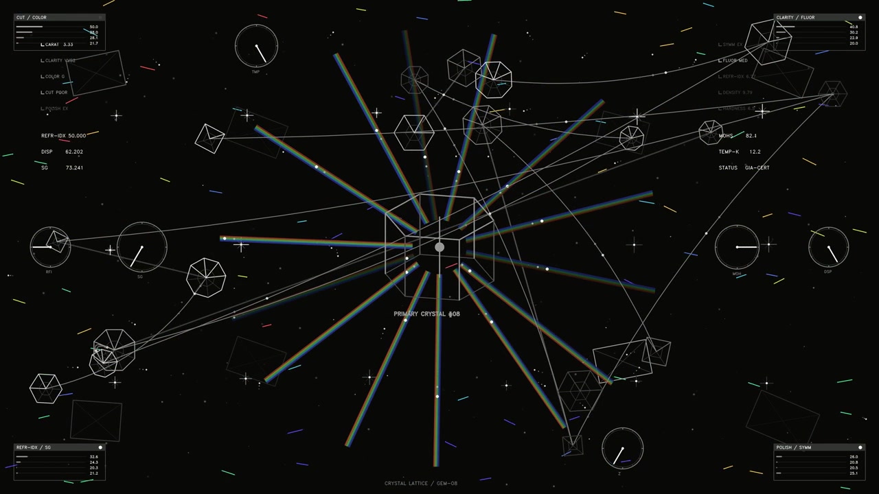 Questa interfaccia HUD tecnica presenta una struttura cristallina centrale che emette vivaci raggi di luce color arcobaleno. Lo schermo è riempito con intricate forme geometriche a wireframe e letture di dati in tempo reale.