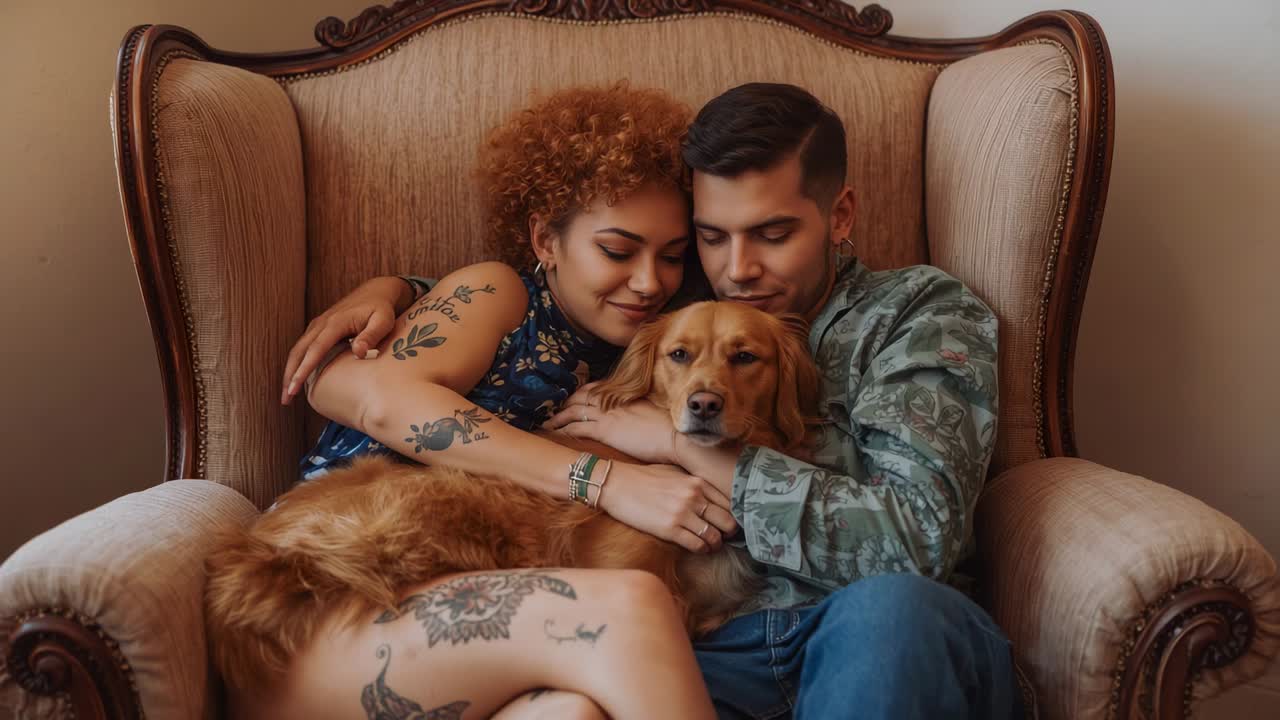 Donna appoggiata che indossa un abito floreale abbraccia per conforto un uomo in mimetica che tiene in braccio un golden retriever su una sedia