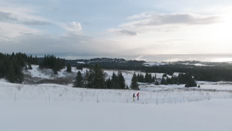 Two-female-friends,-cross-country-skiing-in-Homer-Alaska---DJI-Drone