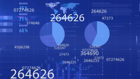 animation of data processing over graphs and charts on blue background