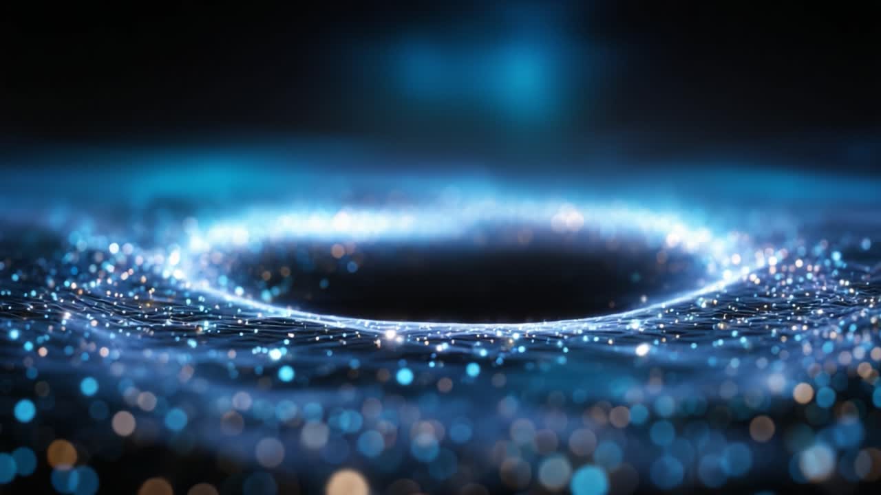Dazzling Cosmic Vortex with Shimmering Particles in a Deep Blue Background, Captivating the Eye with Its Ethereal Glow and Mysterious Depths