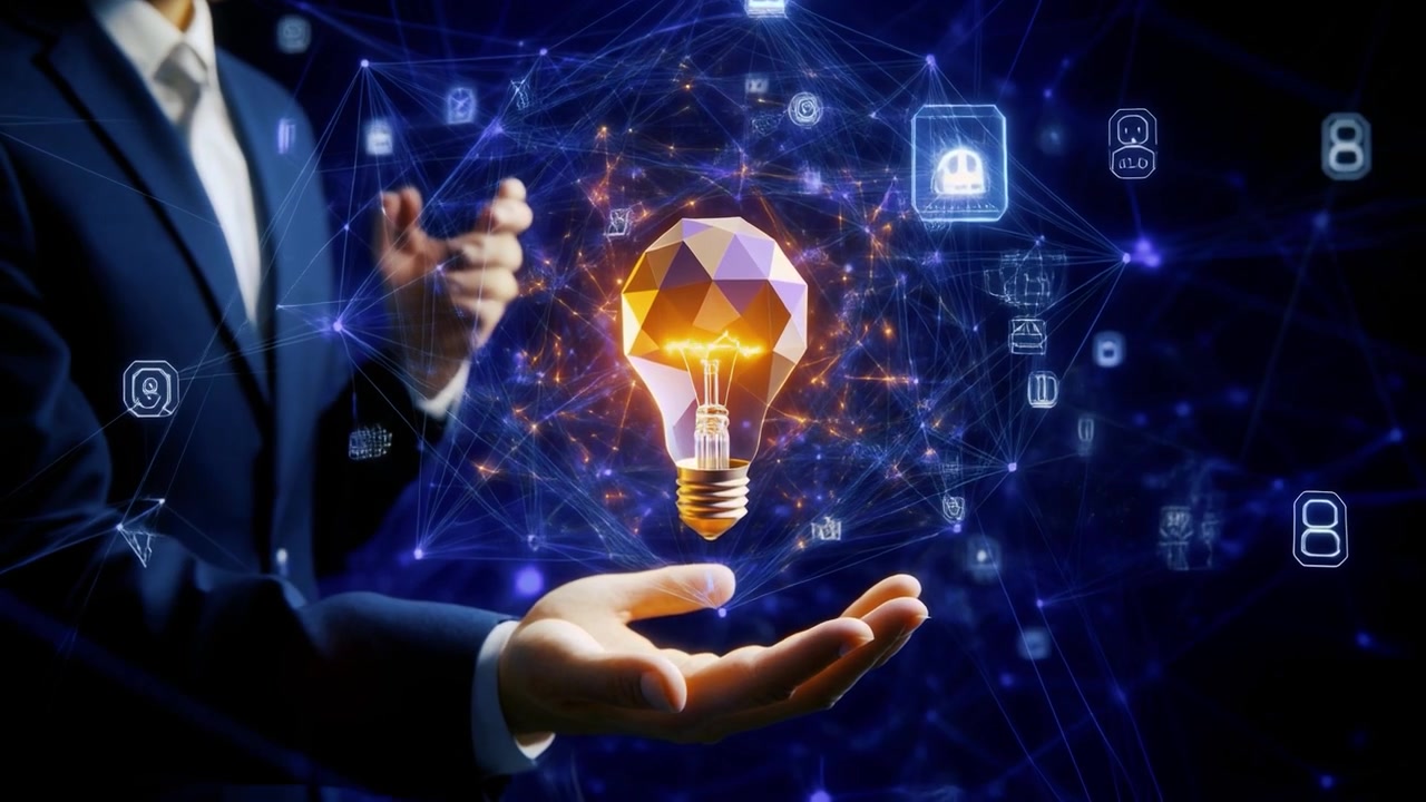 Businessman Holding Glowing Digital Light Bulb Innovation Concept