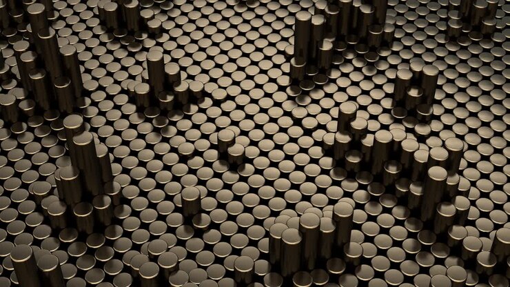 Abstract golden background with cylinders. Ceramic round tiles. Geometry pattern. Random cells. Polygonal glossy surface. Futuristic abstraction. Seamless loop 3d animation of 4K