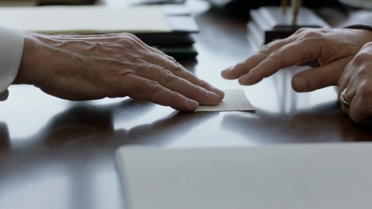 Placing small square card, two hands in suit cuffs exchanging contact on meeting table, pen visible