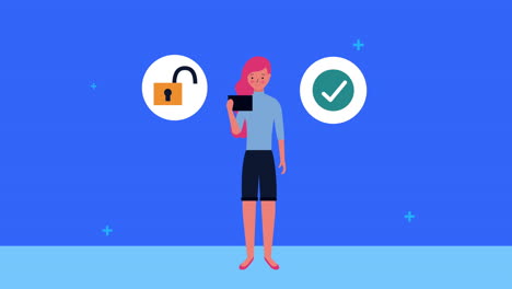 joven mujer de negocios usando teléfono inteligente y candado