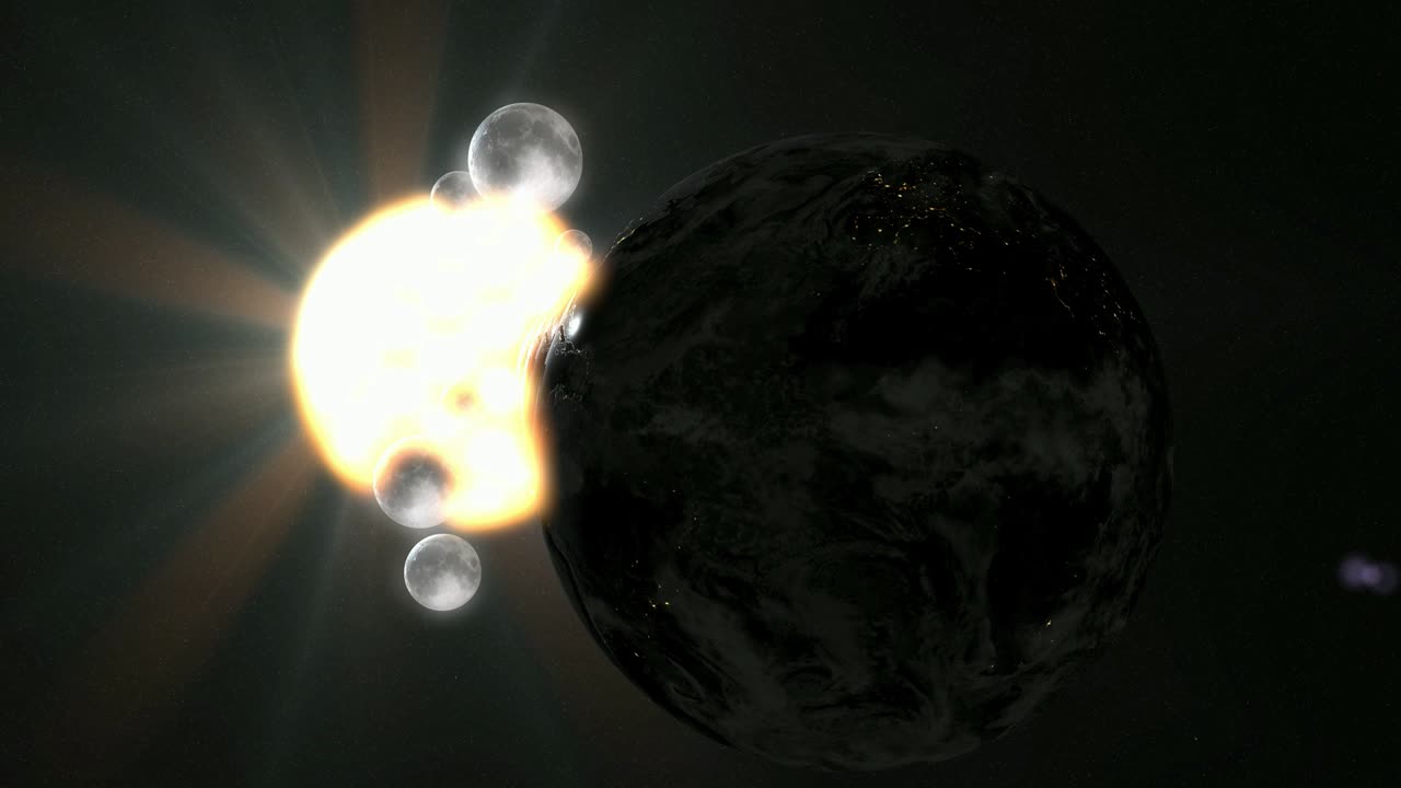 평행우주, 다중 지구, 다중 달 일러스트레이션, 현실적인 3d 렌더링