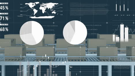 animación del procesamiento de datos estadísticos contra cajas de entrega en cintas transportadoras
