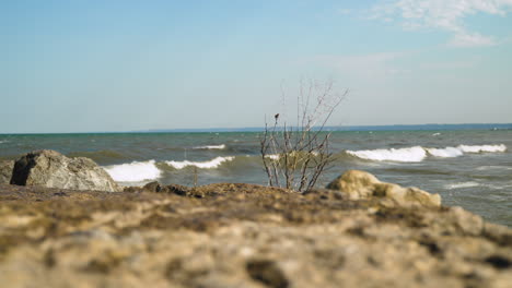 las olas del lago chocan contra las rocas en un día ventoso