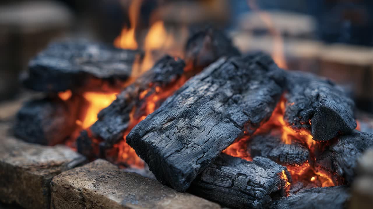 A Close-Up View of Smoldering Charcoal in a Firepit, Capturing the Warm Glow and Texture of the Coals Surrounded by Stone Edge, Highlighting the Cozy Atmosphere of a Flameside Gathering
