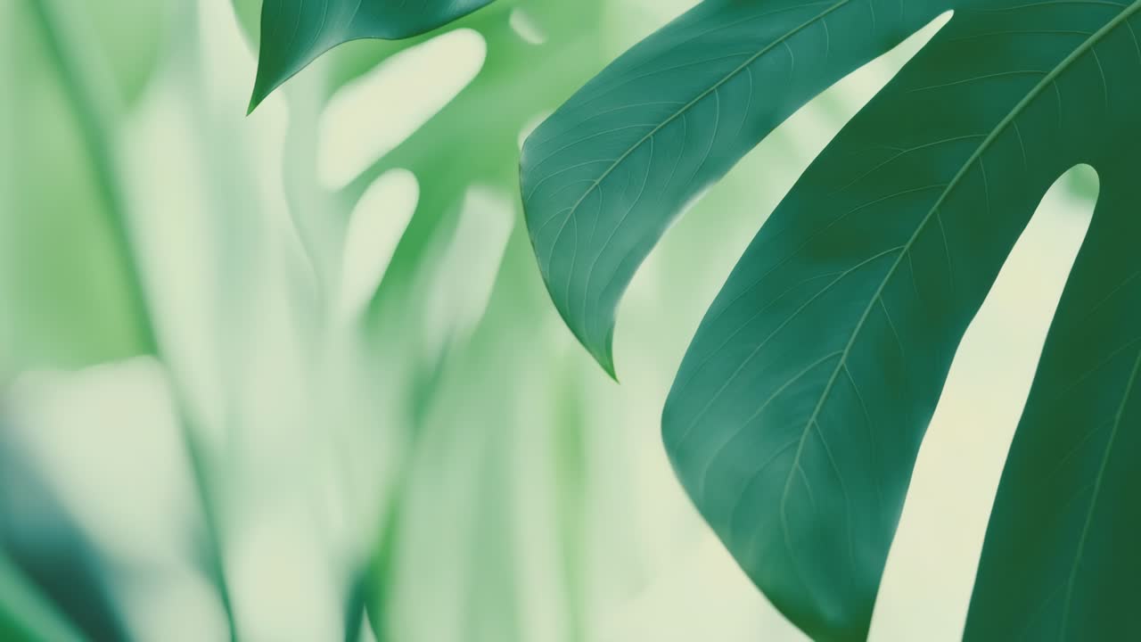 Close-up video shot of lush green leaves with soft focus, creating a serene and calming atmosphere
