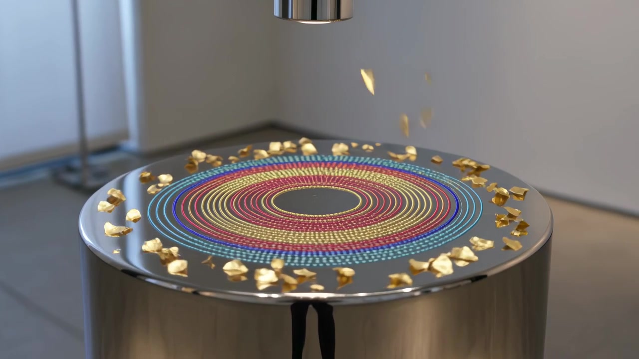 Un ugello dall'alto rilascia scaglie d'oro su una piattaforma metallica con anelli concentrici, come parte di un'esposizione.