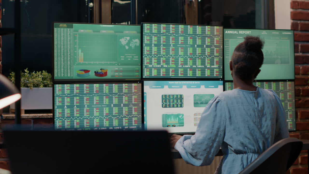 Financial analyst using multi monitors to look at real time stock statistics
