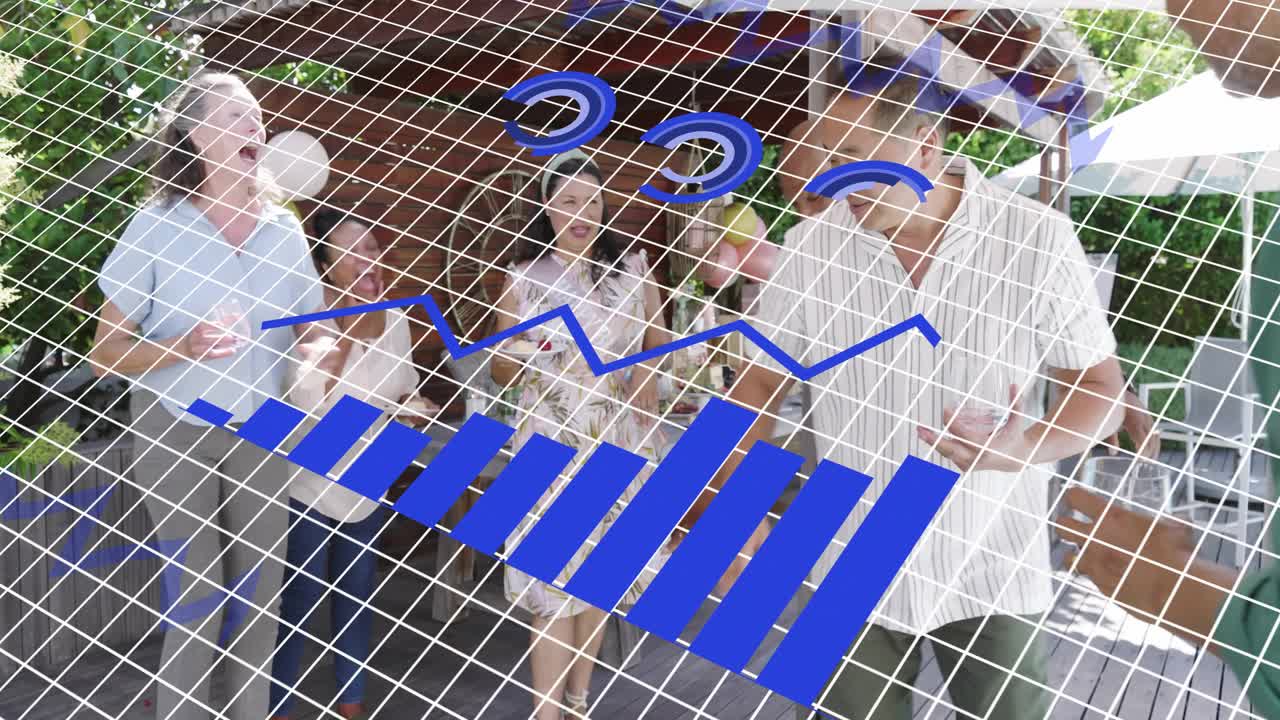 Six adults conversing near pool, grid forming and blue charts rising over group for marketing
