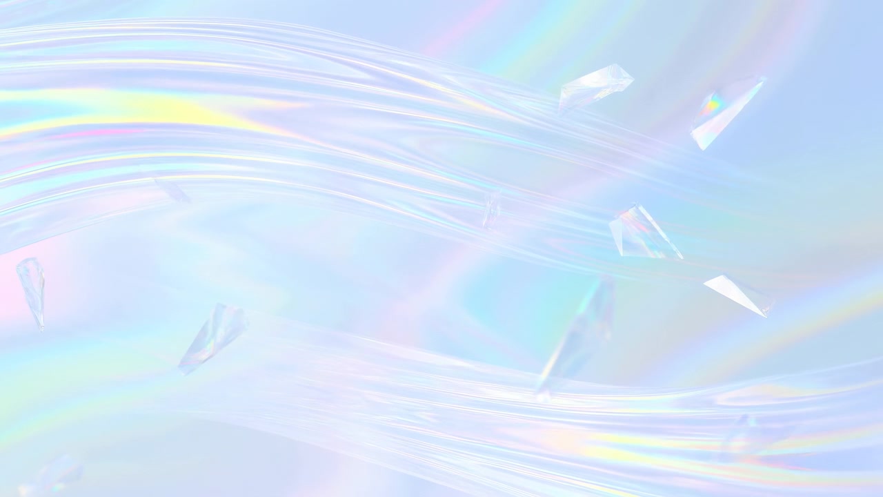 Iridescent Pastel Waves With Floating Crystals, Soft Holographic Ribbons Flowing Over Translucent Backdrop,
