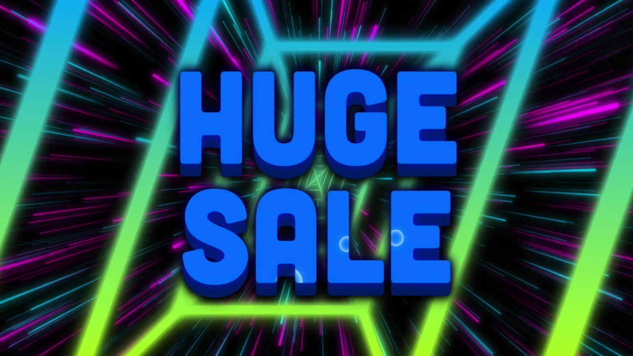네온 조명과 다채로운 줄무 배경 위에 거대한 판매 텍스트 애니메이션