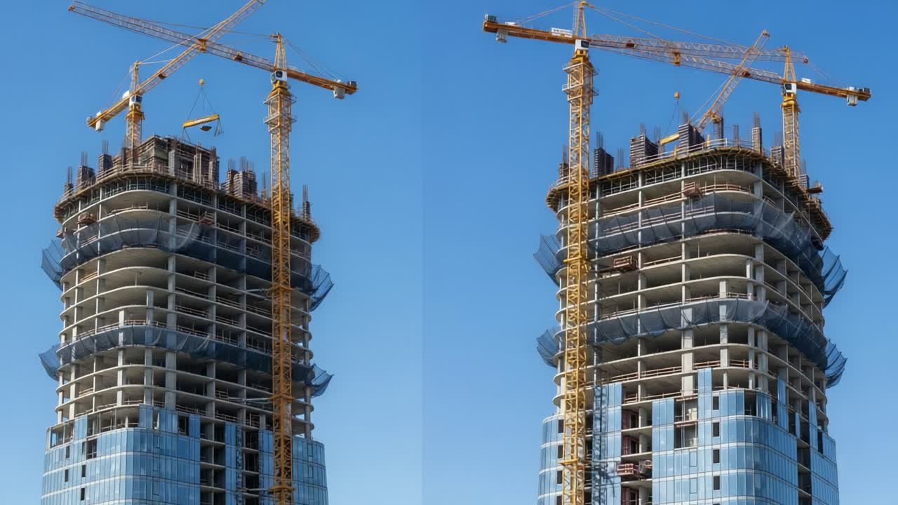 Skyscraper Under Construction with Multiple Cranes Against a Clear Blue Sky