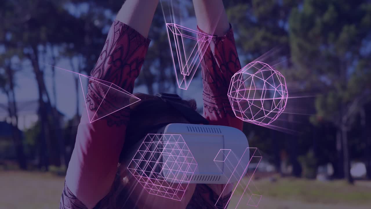 animación de formas 3d brillantes de transferencia de datos sobre una chica caucásica en auriculares vr