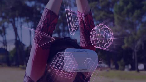 Animation of glowing 3d shapes of data transfer over caucasian girl in vr headset