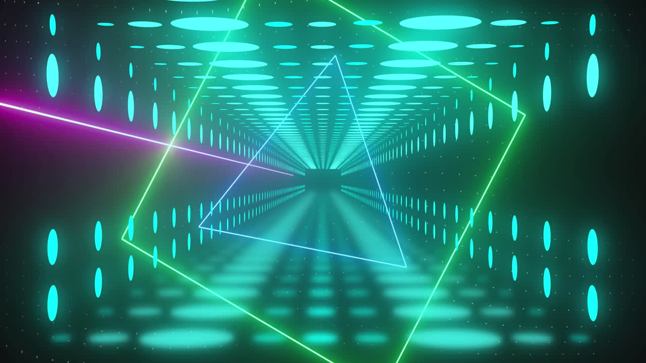 Animazione di forme al neon in movimento e punti su tunnel digitale