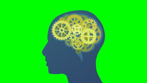 loop animation of a silhouette of a man with gears in the brain on green background (flat design)