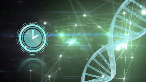 animation of clock and data processing over dna strand spinning