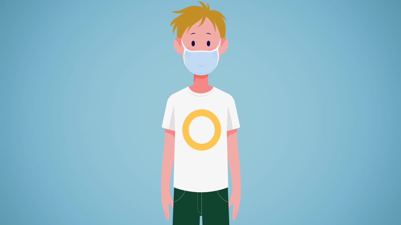 animación de un niño con una máscara facial sobre fondo azul