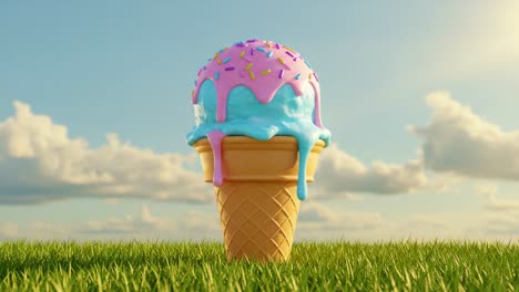 a beautiful ice cream cone melting in the sunlight: enjoying the delight of colorful treats surrounded by lush green grass and a blue sky