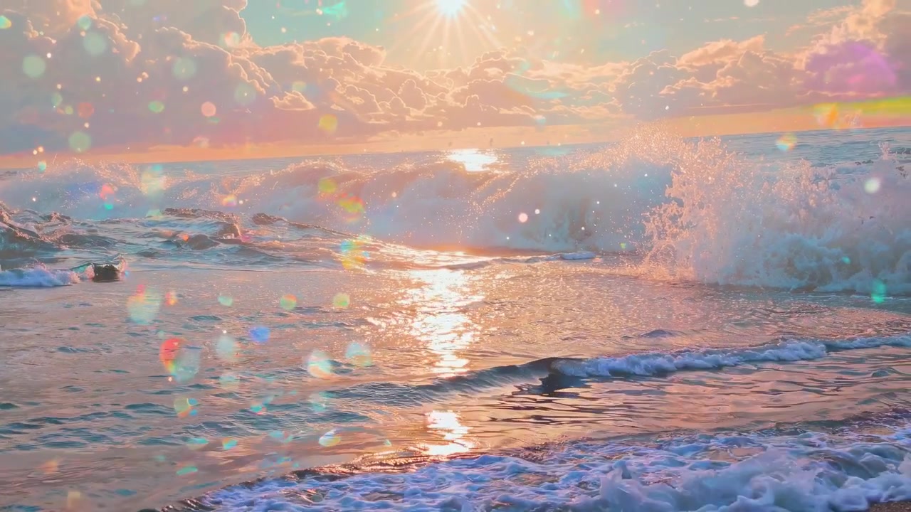 日落時分海浪拍打海灘，帶有夢幻散景疊影