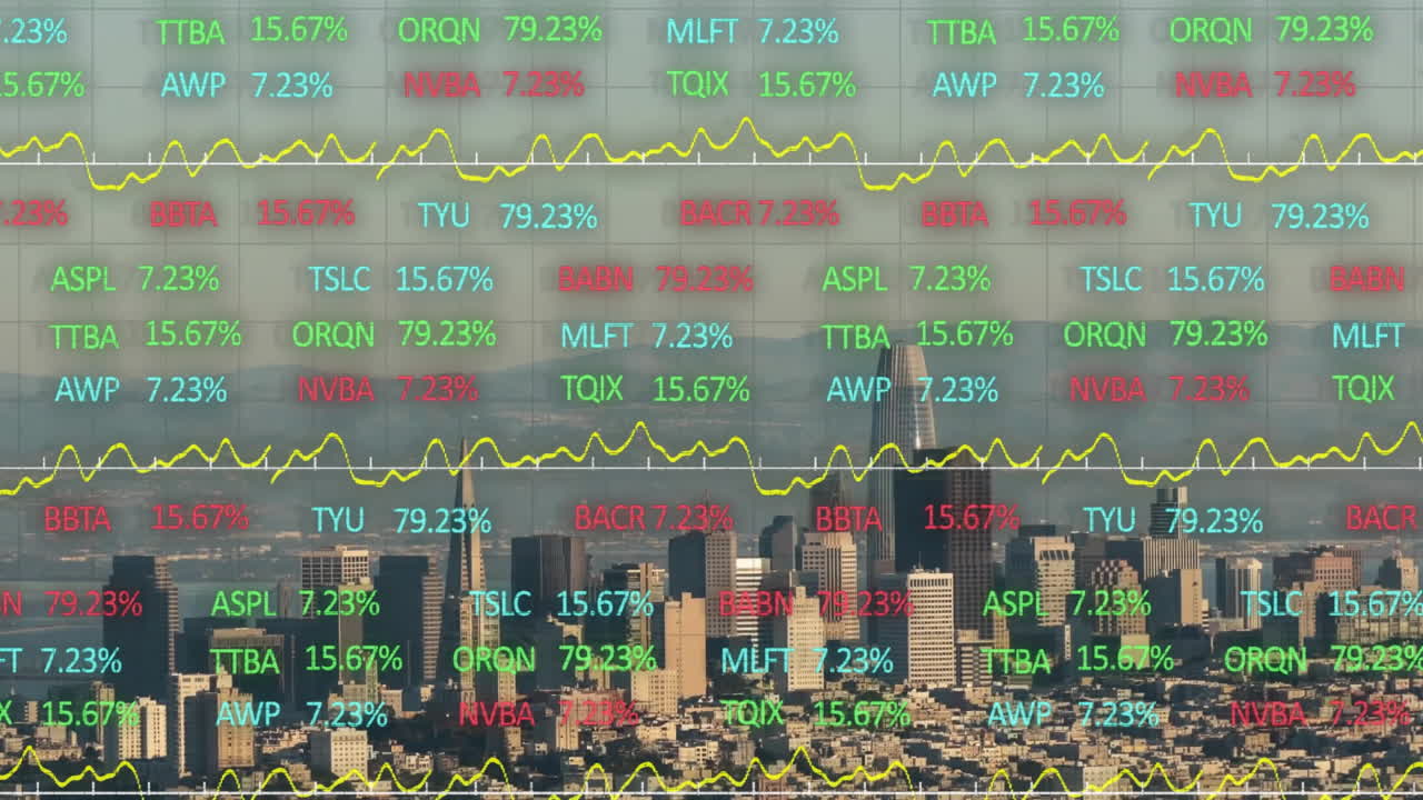 도시 스카이 라인 위의 주식 시장 데이터 애니메이션