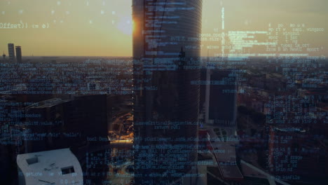 animación del procesamiento de datos sobre el paisaje urbano al atardecer