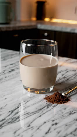 stirring a creamy drink with cocoa powder on a marble counter